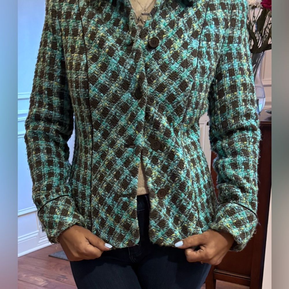 Sigrid Olsen Green Teal Brown size S Check Tweed Silk Blend Lined Jacket Blazer.